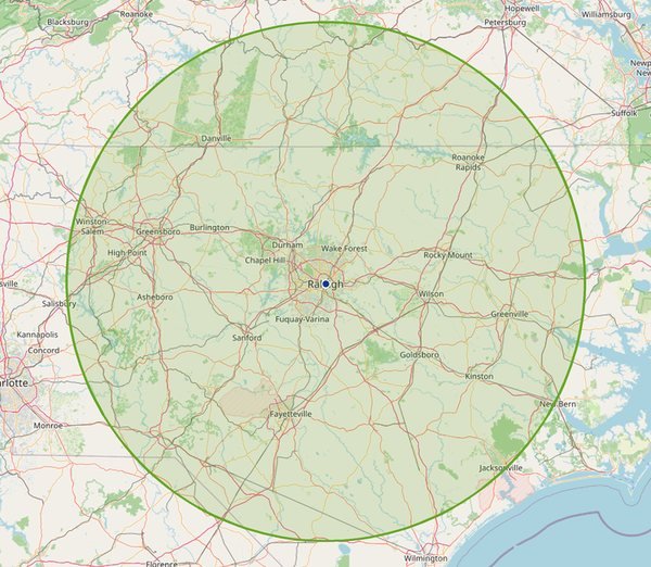Map of North Carolina with a shaded circle marking the 100-mile
                    service area centred on Raleigh, reaching Greensboro, Fayetteville,
                    Rocky Mount, Goldsboro and Greenville.